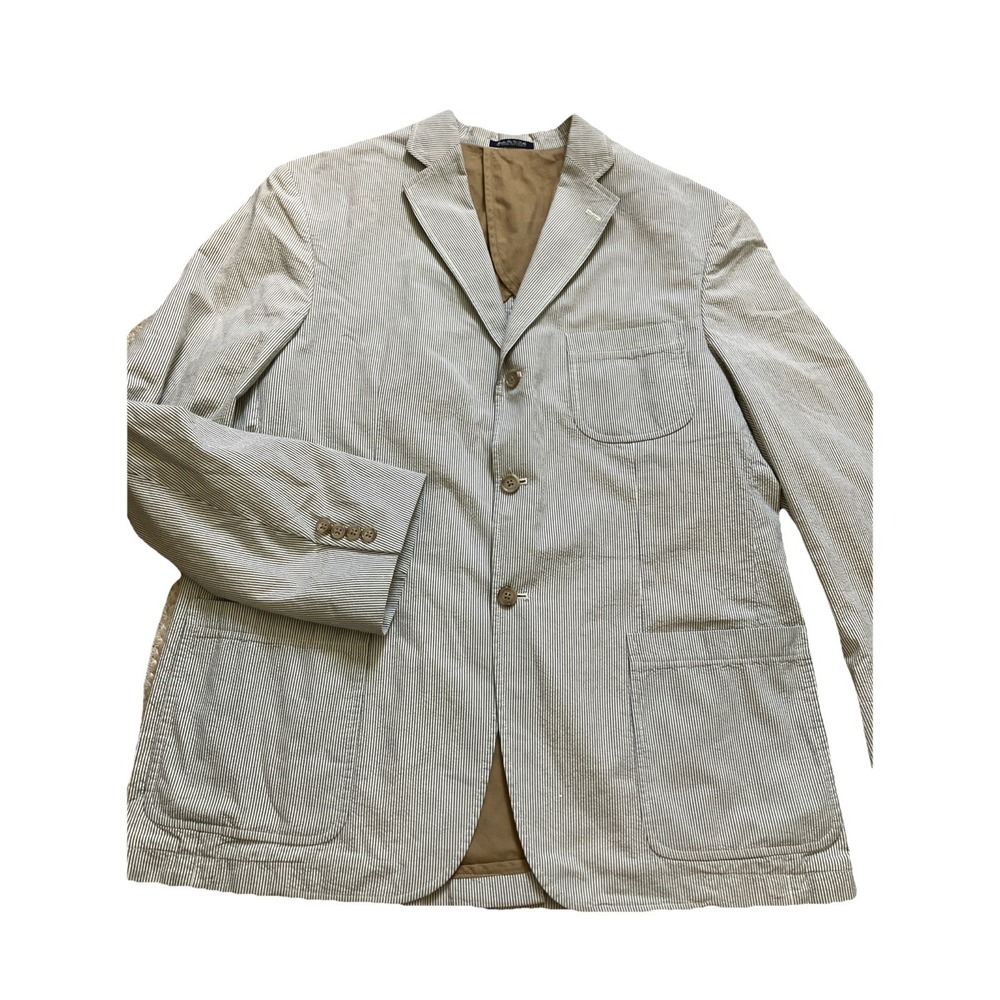 Bills Khakis Blue Blazer Striped Size Medium Long‎ Cotton Seersucker Sportcoat